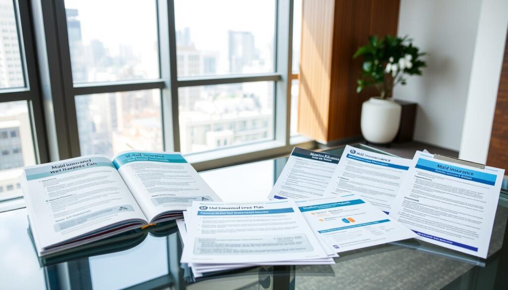 A modern, well-lit office interior with a glass-topped desk. On the desk, several maid insurance plan brochures and documents are neatly arranged, their contents displayed for comparison. In the background, a large window overlooking a cityscape provides natural illumination. The scene conveys a sense of professionalism and attention to detail, inviting the viewer to explore and contrast the various maid insurance options available.