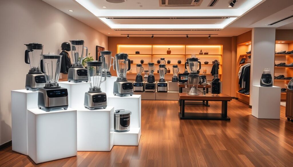 A modern, well-lit retail display showcasing an assortment of high-quality blenders in a sleek, minimalist Singapore showroom. The foreground features a variety of top-rated blender models, each presented on a clean, white pedestal with subtle lighting highlighting their elegant designs. In the middle ground, additional blenders are arranged in an organized, visually appealing manner, allowing potential customers to easily compare features and specifications. The background subtly depicts the store's upscale ambiance, with warm lighting, polished hardwood floors, and a backdrop of neutral-toned walls, creating an inviting and aspirational shopping experience.