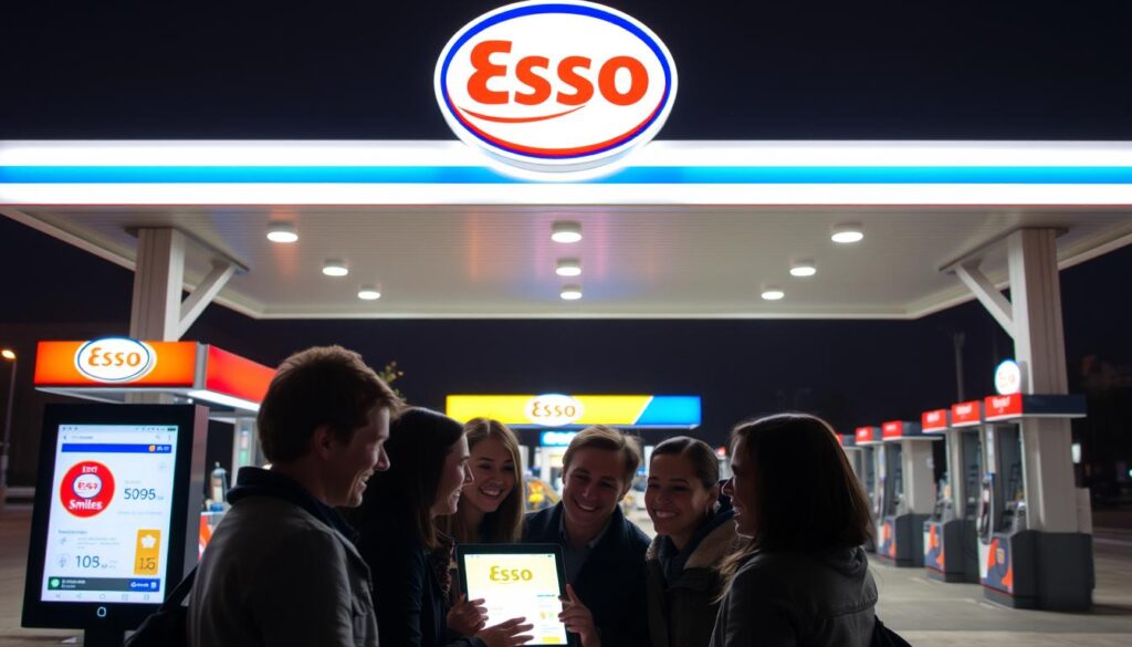 A modern, well-lit service station, with the Esso logo prominently displayed on the canopy. In the foreground, a group of smiling customers are interacting with the Esso Smiles loyalty program interface on a digital screen, their faces lit by the warm glow of the display. The middle ground features the iconic Esso branding and signage, creating a sense of familiarity and trust. In the background, a clean, well-maintained forecourt with rows of fuel pumps, reflecting the attention to detail and high-quality service that Esso is known for. The overall atmosphere is one of convenience, reliability, and a positive customer experience.