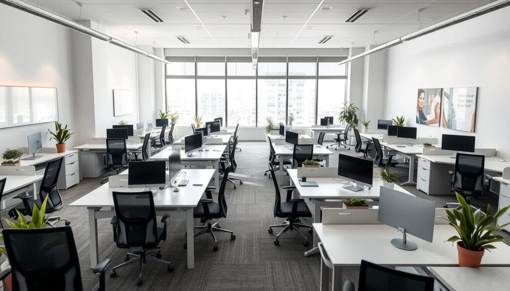 A modern, well-organized project management office with clean, minimalist interior design. Sleek desks and ergonomic chairs arranged in an open-plan layout, allowing for seamless collaboration. Abundant natural light floods the space through floor-to-ceiling windows, creating a serene and productive atmosphere. Discrete storage units and digital whiteboards line the walls, facilitating efficient workflows and idea-sharing. Subtle accent lighting and muted color palettes evoke a professional, yet warm ambiance. Strategically placed potted plants and artworks add pops of greenery and visual interest. An overall sense of order, functionality, and design-forward thinking pervades the space, reflecting the project management team's commitment to excellence.