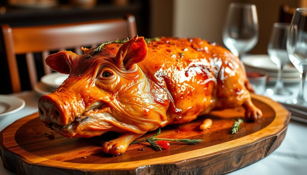 A mouth-watering, golden-brown roasted suckling pig, crisp skin glistening under warm, natural lighting. The juicy, tender meat rests on a wooden serving platter, garnished with fragrant herbs and spices. The rich, savory aroma fills the air, enticing the senses. In the background, a simple, elegant table setting with fine porcelain and stemware complements the star of the dish. The image conveys a sense of refined sophistication and culinary excellence, capturing the essence of the best suckling pig Singapore has to offer.
