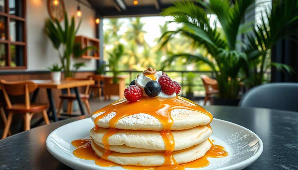 A mouth-watering soufflé pancake dessert from a cozy Singaporean cafe. In the foreground, a stack of light, fluffy pancakes drizzled with golden maple syrup and dusted with powdered sugar. Decorative berries and a dollop of whipped cream add pops of color. The middle ground features a vibrant, minimalist cafe setting with wooden tables and chairs, potted plants, and warm lighting. In the background, a lush tropical landscape with palm trees sways gently. The overall atmosphere is one of indulgence, comfort, and a touch of elegance - a true oasis for soufflé pancake enthusiasts.