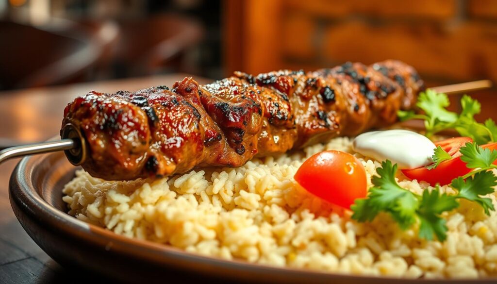 A mouthwatering Turkish kebab, sizzling hot off the grill, nestled on a bed of fragrant basmati rice. The succulent meat, marinated in a blend of aromatic spices, is perfectly charred and glistening with juices. Garnished with vibrant red tomatoes, crisp lettuce, and a dollop of rich, creamy yogurt sauce, this visually stunning dish exudes an irresistible aroma. Captured in a warm, inviting lighting, the image showcases the kebab's artful presentation, inviting the viewer to savor every delectable bite. The composition is framed by a cozy, rustic setting, hinting at the charming ambiance of the Donergy Turkish Kebab restaurant.