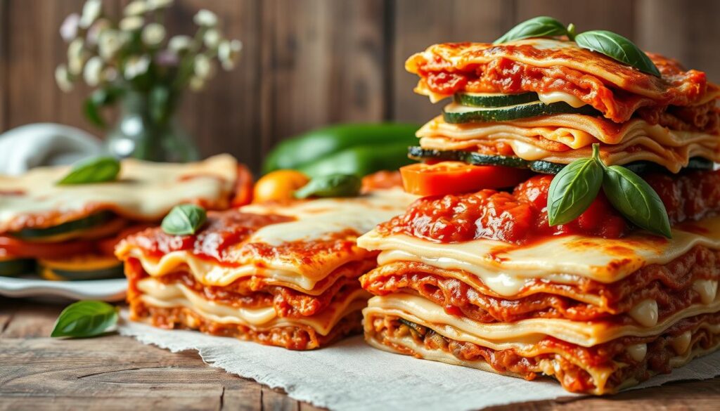 A mouthwatering array of vegetarian lasagna varieties, showcased in a rustic, Italian-inspired setting. In the foreground, a stack of freshly baked lasagna layers, oozing with creamy béchamel and vibrant tomato sauce, garnished with fragrant basil leaves. In the middle ground, an assortment of roasted vegetables - zucchini, eggplant, and bell peppers - layered between the pasta sheets, adding depth and texture. The background features a weathered wooden table, accented by a linen tablecloth and a simple vase of wildflowers, creating a warm, inviting atmosphere. Soft, natural lighting casts a gentle glow, highlighting the rich colors and textures of the dish. The overall composition evokes the essence of homemade, authentic Italian cuisine, perfect for showcasing the delicious vegetarian lasagna varieties.