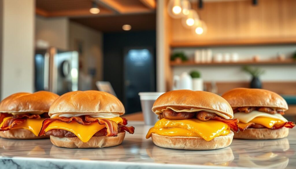 A mouthwatering assortment of indulgent breakfast sandwiches, masterfully crafted with gooey melted cheese, crispy bacon, and fluffy eggs nestled between buttery, toasted brioche buns. The sandwiches are elegantly presented on a marble countertop, with a warm, inviting lighting that casts a soft, golden glow over the scene. In the background, a minimalist, modern cafe interior with clean lines and natural wood accents sets the stage for this ultimate breakfast indulgence. The overall atmosphere evokes a sense of refined sophistication, perfectly capturing the essence of Korio's exceptional sandwich offerings.