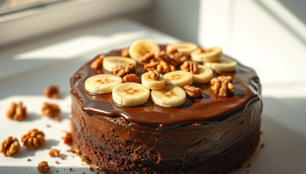 A mouthwatering chocolate banana cake takes center stage, its rich, moist texture and glistening ganache frosting drawing the eye. Delicate banana slices cascade across the top, complemented by a scattering of crunchy walnuts. Soft natural lighting bathes the cake in a warm, inviting glow, highlighting its artisanal appeal. The scene is set against a minimalist backdrop of clean white surfaces, allowing the cake's indulgent qualities to shine. Captured with a shallow depth of field, the viewer's attention is captivated by the cake's sumptuous details. This decadent creation captures the essence of the best chocolate banana cakes to be found in Singapore's vibrant cafe scene.