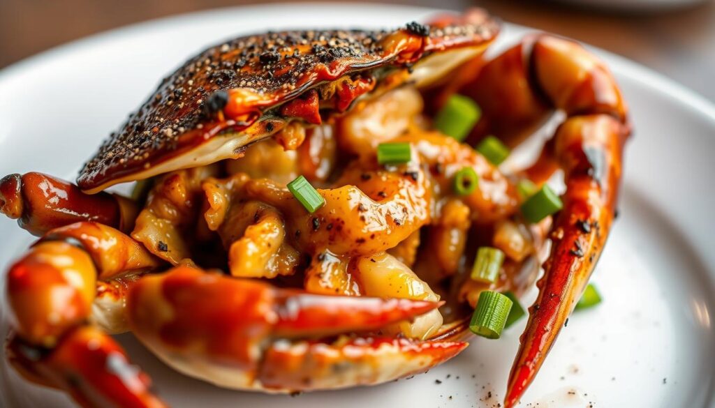 A mouthwatering close-up of a freshly prepared Mellben Seafood black pepper crab, its shell cracked open to reveal the succulent, glistening meat. The crab is nestled on a white plate, garnished with vibrant green scallions and a sprinkle of freshly ground black pepper. The lighting is soft and warm, highlighting the dish's rich, golden-brown hue and the delicate textures of the crab's tender flesh. The background is slightly blurred, keeping the focus entirely on the star of the dish - a true representation of the family-run perfection that Mellben Seafood is renowned for.