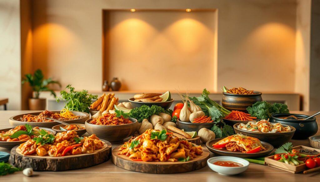 A mouthwatering display of authentic Asian cuisine against a warm, inviting backdrop. In the foreground, an array of traditional dishes - fragrant curries, steaming dumplings, and sizzling stir-fries, presented on rustic wooden platters. The middle ground showcases an assortment of vibrant, fresh ingredients - vibrant vegetables, aromatic herbs, and tantalizing spices. In the background, a softly lit, minimalist setting with clean lines and natural materials, creating a serene, contemporary ambiance. Warm, diffused lighting casts a gentle glow, highlighting the textures and colors of the dishes. The overall scene evokes a sense of culinary craftsmanship and cultural authenticity.