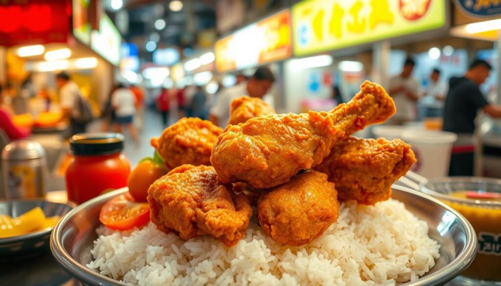 A mouthwatering plate of crispy, golden-brown fried chicken sits atop a bed of steaming white rice, surrounded by a vibrant array of local Singaporean condiments and garnishes. The chicken is glistening with a perfect crust, its juices barely contained within. In the background, a lively hawker center bustles with the sights and sounds of Singaporean street food culture. Warm, diffused lighting casts a cozy, inviting glow over the scene, drawing the viewer in to savor the flavors of this quintessential Singaporean dish.