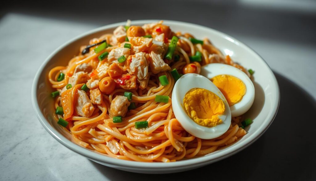A mouthwatering plate of perfectly cooked vermicelli noodles, glistening with a delicate sauce and tossed with a medley of tender, bite-sized ingredients. The noodles are evenly fried to a delightful crispness, their aroma wafting through the air. Meticulously arranged, the plate features a harmonious blend of shredded chicken, crunchy bean sprouts, and bright green chives, all complementing the star of the dish. Soft-boiled eggs, their golden yolks ready to be broken, nestle alongside the noodles, adding a creamy richness. Dramatic side-lighting casts dramatic shadows, highlighting the intricate textures and drawing the viewer's eye to the inviting plate. This is the quintessential "Economic Bee Hoon" - a simple yet utterly satisfying comfort food that captures the essence of Singaporean street food. A mouthwatering plate of perfectly cooked vermicelli noodles, glistening with a delicate sauce and tossed with a medley of tender, bite-sized ingredients. The noodles are evenly fried to a delightful crispness, their aroma wafting through the air. Meticulously arranged, the plate features a harmonious blend of shredded chicken, crunchy bean sprouts, and bright green chives, all complementing the star of the dish. Soft-boiled eggs, their golden yolks ready to be broken, nestle alongside the noodles, adding a creamy richness. Dramatic side-lighting casts dramatic shadows, highlighting the intricate textures and drawing the viewer's eye to the inviting plate. This is the quintessential "Economic Bee Hoon" - a simple yet utterly satisfying comfort food that captures the essence of Singaporean street food.