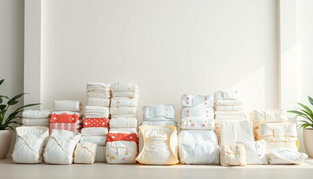 A neatly arranged display of diverse diaper options against a bright, airy background. In the foreground, an assortment of high-quality diapers in various sizes, patterns, and materials, showcasing their exceptional quality and design. In the middle ground, a gentle spotlight illuminates the diapers, highlighting their softness and absorbency. The background features a serene, minimalist setting, with clean white walls and subtle natural elements, creating a calming and sophisticated atmosphere. The overall composition conveys a sense of professionalism, attention to detail, and a deep understanding of the diverse needs of Singaporean babies. A neatly arranged display of diverse diaper options against a bright, airy background. In the foreground, an assortment of high-quality diapers in various sizes, patterns, and materials, showcasing their exceptional quality and design. In the middle ground, a gentle spotlight illuminates the diapers, highlighting their softness and absorbency. The background features a serene, minimalist setting, with clean white walls and subtle natural elements, creating a calming and sophisticated atmosphere. The overall composition conveys a sense of professionalism, attention to detail, and a deep understanding of the diverse needs of Singaporean babies.