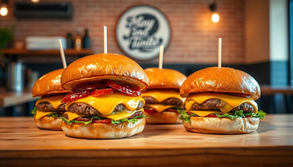 A neatly arranged display of mouthwatering gourmet burgers, captured in a warm, inviting diner-style setting. The burgers, dressed in glossy buns and oozing with melted cheese, sit atop a wooden counter or table, illuminated by soft, natural lighting. The background features a clean, minimalist decor, with subtle hints of industrial elements, such as exposed brick walls or metal accents, creating a modern yet cozy ambiance. The overall composition emphasizes the burgers' high-quality ingredients and craftsmanship, showcasing their gourmet appeal while remaining affordable within a $20 price range. The image conveys a sense of culinary delight and satisfies the viewer's craving for a delicious, high-end burger experience in Singapore.