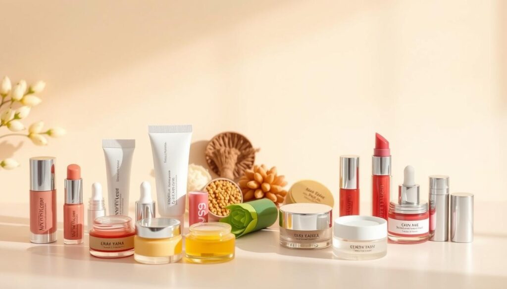 A neatly arranged display of premium lip hydration products on a soft, pastel-colored background. In the foreground, an assortment of lip balms, glosses, and serums in various artfully designed containers, each reflecting the warm, natural light. The middle ground showcases a selection of high-quality, organic ingredients such as shea butter, beeswax, and vitamin E, subtly hinting at the nourishing properties of the products. The background features a clean, minimalist setup, allowing the products to take center stage and creating a sense of elevated sophistication. The overall composition exudes a calming, spa-like ambiance, perfectly capturing the essence of the "Best Lip Balm Singapore: Top Picks for Hydration" article section. A neatly arranged display of premium lip hydration products on a soft, pastel-colored background. In the foreground, an assortment of lip balms, glosses, and serums in various artfully designed containers, each reflecting the warm, natural light. The middle ground showcases a selection of high-quality, organic ingredients such as shea butter, beeswax, and vitamin E, subtly hinting at the nourishing properties of the products. The background features a clean, minimalist setup, allowing the products to take center stage and creating a sense of elevated sophistication. The overall composition exudes a calming, spa-like ambiance, perfectly capturing the essence of the "Best Lip Balm Singapore: Top Picks for Hydration" article section.