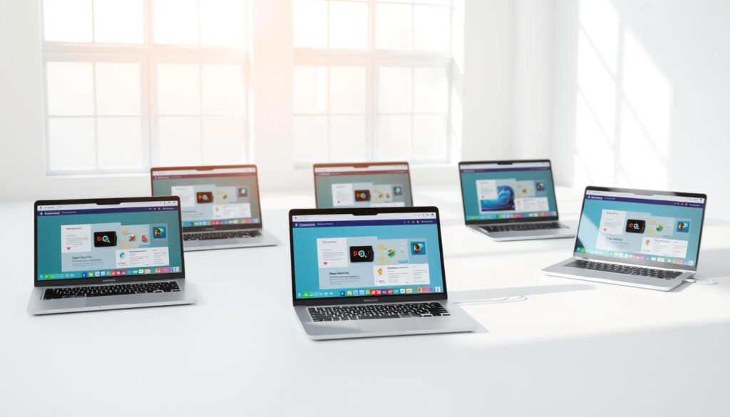 A neatly arranged display of sleek, modern laptops in a bright, airy studio setting. The laptops are positioned on a minimalist, white surface, their screens showcasing various student-centric software and applications. Soft, natural lighting filters in through large windows, casting a warm glow and accentuating the clean, minimalist design of the devices. The laptops are presented in a way that highlights their portability, functionality, and suitability for academic tasks, catering to the needs of the Singapore student demographic.