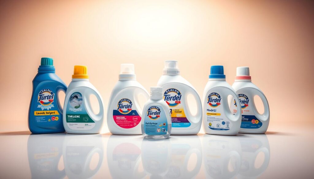 A neatly arranged display of the top laundry detergent bottles in a well-lit, pristine studio setting. The bottles are positioned on a clean, white surface, casting soft shadows and reflecting the studio lighting. The detergents are presented in a visually appealing manner, showcasing their distinct packaging and branding. The overall composition emphasizes the quality and effectiveness of the products, conveying a sense of trust and reliability. The lighting is warm and diffused, creating a professional, high-end aesthetic that complements the subject matter. The angle is slightly elevated, providing a comprehensive view of the displayed items.
