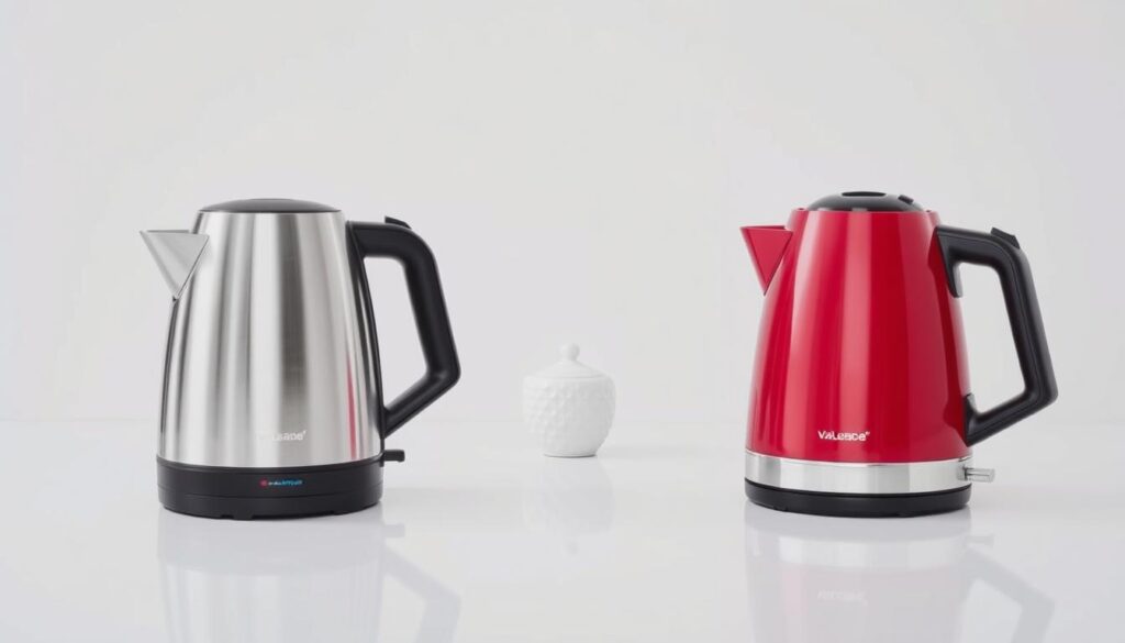 A neatly arranged display of three value electric kettles on a clean white surface, illuminated by soft, diffused lighting. The kettles are positioned at different angles, showcasing their sleek designs and contrasting finishes - stainless steel, matte black, and a vibrant color like red or blue. In the middle ground, a subtle reflection of the kettles creates depth and adds a touch of elegance. The background is slightly blurred, allowing the focus to remain on the kettles and their key features, such as capacity, temperature control, and cordless functionality.