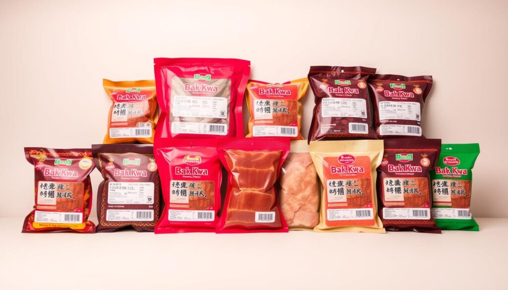 A neatly arranged display of various bak kwa packages, showcasing their distinct shapes, colors, and pricing information. The packages are set against a clean, neutral background, evenly lit from above to highlight their textures and details. The composition emphasizes the comparative aspect, with the packages carefully positioned to allow easy visual comparison of their sizes and prices. The overall mood is informative and utilitarian, inviting the viewer to analyze and evaluate the different bak kwa offerings in a methodical manner.
