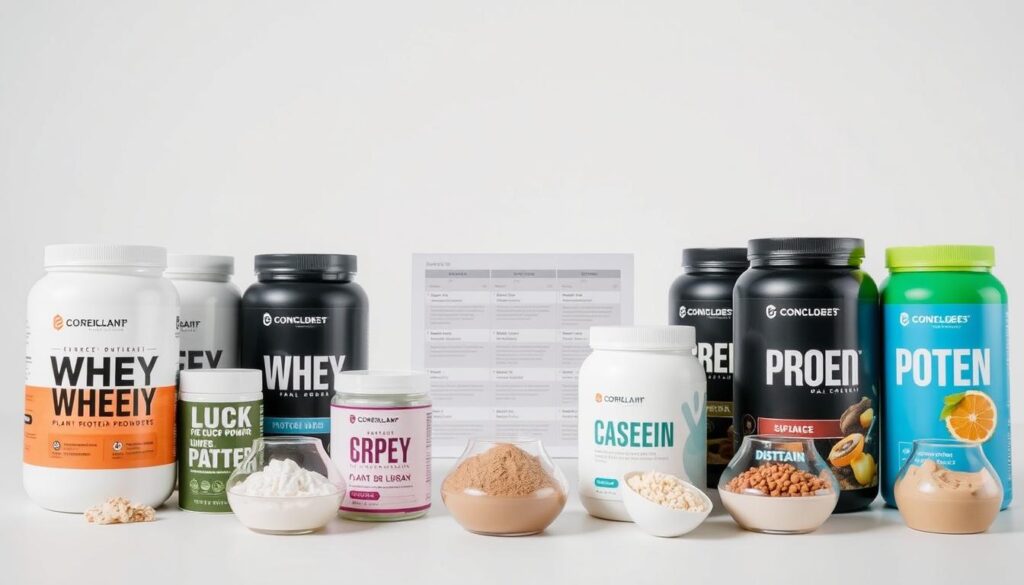 A neatly arranged display of various protein powder containers against a clean, minimalist background. In the foreground, a selection of different protein powder types, such as whey, casein, plant-based, and blended, are showcased in sleek, modern packaging. The middle ground features a subtle grid or layout highlighting the key attributes of each powder, such as protein content, source, and potential benefits. The background is bathed in soft, even lighting, creating a professional, informative, and visually appealing scene to illustrate the different types of protein powders.