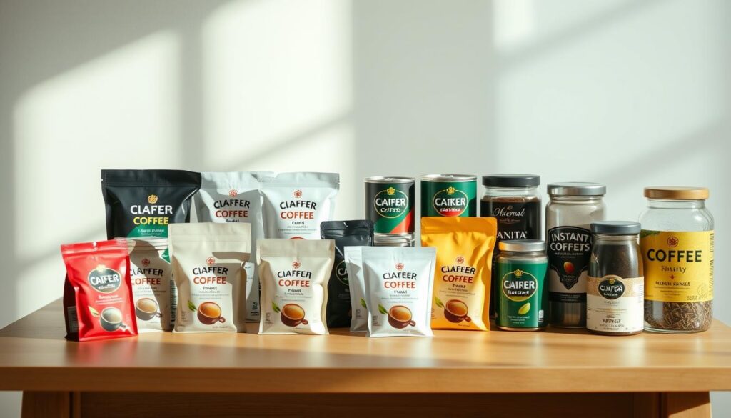 A neatly arranged selection of various instant coffee sachets, cans, and jars, with different flavors and roast profiles prominently displayed on a clean, minimalist wooden table. The lighting is soft and natural, creating a warm, inviting atmosphere. The camera angle is slightly elevated, providing a bird's-eye view of the arrangement, showcasing the diverse range of instant coffee options available. The overall composition is visually appealing, with a focus on the products and their distinct packaging, allowing the viewer to easily identify and compare the different instant coffee choices. A neatly arranged selection of various instant coffee sachets, cans, and jars, with different flavors and roast profiles prominently displayed on a clean, minimalist wooden table. The lighting is soft and natural, creating a warm, inviting atmosphere. The camera angle is slightly elevated, providing a bird's-eye view of the arrangement, showcasing the diverse range of instant coffee options available. The overall composition is visually appealing, with a focus on the products and their distinct packaging, allowing the viewer to easily identify and compare the different instant coffee choices.