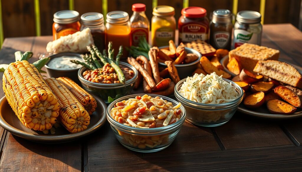 A neatly arranged spread of essential barbecue side dishes on a rustic wooden table, bathed in warm, golden lighting. In the foreground, juicy grilled corn on the cob, tender baked beans, and creamy coleslaw, complemented by fluffy corn bread and crisp dill pickles. The middle ground features chargrilled asparagus spears and roasted sweet potato wedges, while the background showcases a selection of tangy sauces and condiments in vintage-inspired jars. The overall scene evokes the comforting, homestyle ambiance of a backyard barbecue, inviting the viewer to savor the delectable flavors and satisfying textures of these quintessential side dishes.