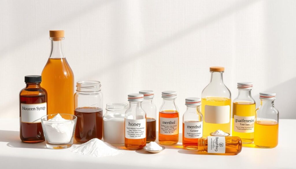 A neatly arranged still life displaying various common cough syrup ingredients on a clean, white surface. In the foreground, a collection of glass bottles, jars, and vials containing viscous liquids, powders, and extracts such as honey, glycerin, menthol, and guaifenesin. The middle ground features a textured backdrop, perhaps a wooden surface or parchment paper, providing a neutral yet visually interesting context. Warm, natural lighting casts soft shadows, enhancing the textures and colors of the ingredients. The overall mood is one of informative clarity, inviting the viewer to closely examine the key components that make up an effective cough remedy. A neatly arranged still life displaying various common cough syrup ingredients on a clean, white surface. In the foreground, a collection of glass bottles, jars, and vials containing viscous liquids, powders, and extracts such as honey, glycerin, menthol, and guaifenesin. The middle ground features a textured backdrop, perhaps a wooden surface or parchment paper, providing a neutral yet visually interesting context. Warm, natural lighting casts soft shadows, enhancing the textures and colors of the ingredients. The overall mood is one of informative clarity, inviting the viewer to closely examine the key components that make up an effective cough remedy.