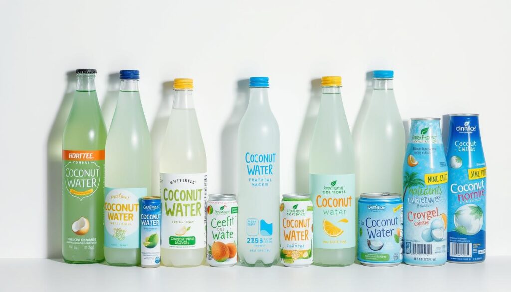 A neatly arranged still life featuring a variety of coconut water bottles and cans from different brands, all displayed on a clean, white background. The bottles and cans are carefully positioned to showcase their distinct shapes, colors, and labels, allowing for easy visual comparison. The lighting is soft and diffused, creating gentle shadows and highlights that accentuate the products' textures and materials. The overall composition is balanced and symmetrical, with the items arranged in a grid-like pattern to create a sense of order and professionalism. The mood is clean, minimalist, and focused, inviting the viewer to closely examine and compare the various coconut water offerings.