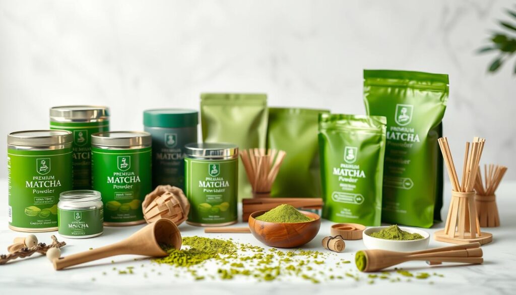 A neatly arranged still life scene depicting an assortment of premium matcha powder products in various sizes and packaging. The foreground features several meticulously photographed matcha tins and bags showcasing their vibrant green hues and elegant designs, set against a clean, minimalist white backdrop. The middle ground includes a scattering of matcha tea scoops, bamboo whisks, and other related accessories, creating a sense of lifestyle and functionality. The background is softly blurred, subtly hinting at an elegant, upscale setting, such as a modern kitchen or a high-end Japanese tea room. The overall lighting is soft and diffused, accentuating the natural beauty and quality of the matcha powders. The composition is balanced and visually appealing, capturing the essence of "Best Value Matcha Powders Singapore" in a sophisticated and inviting manner.