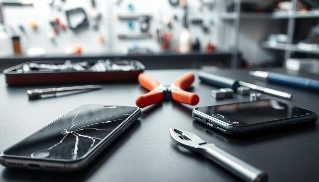 A neatly arranged still-life scene depicting common iPhone repair issues and solutions. In the foreground, a shattered iPhone screen, a bent charging port, and a water-damaged handset. In the middle ground, a toolkit with pliers, screwdrivers, and a soldering iron. In the background, a blurred but recognizable iPhone repair shop, with shelves of spare parts and tools. The lighting is soft and diffused, creating a sense of focus and attention to detail. The overall mood is one of problem-solving and technical expertise, conveying the impression of a professional, high-quality iPhone repair service.