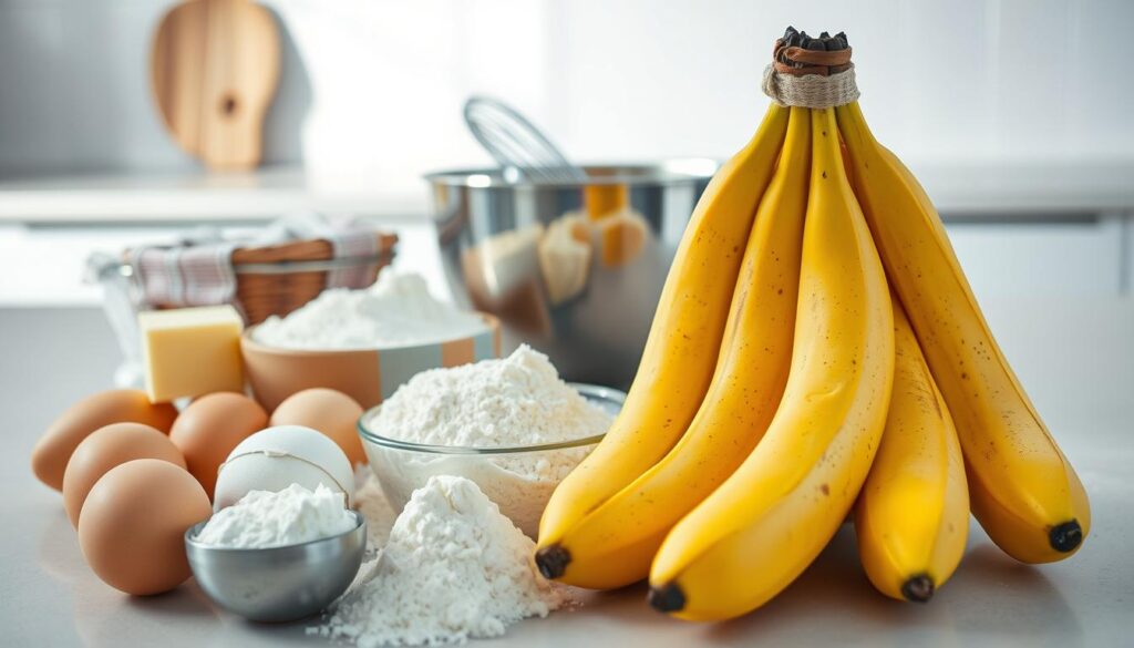 A neatly arranged still life showcasing the essential ingredients for a delectable banana cake. In the foreground, ripe bananas, their golden skins subtly speckled, sit alongside a collection of flour, sugar, eggs, and butter, meticulously placed. The middle ground features a mixing bowl and a whisk, hinting at the preparation process. In the background, a clean, softly lit kitchen counter provides a minimalist backdrop, allowing the ingredients to take center stage. The overall composition exudes a sense of culinary precision and the importance of quality ingredients in crafting the perfect banana cake.