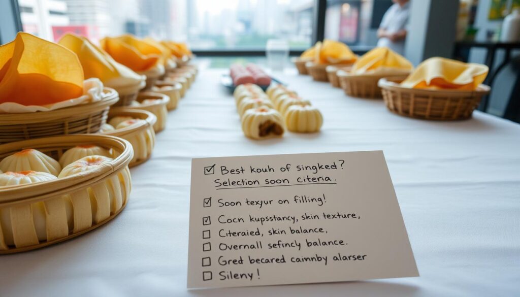A neatly arranged table showcases an array of delectable soon kueh, each with its own distinct filling and texture. The steaming baskets sit atop a crisp white tablecloth, illuminated by soft, natural lighting that accentuates the vibrant colors and intricate details of the traditional Singaporean delicacy. In the foreground, a hand-written checklist outlines the selection criteria, with notes on factors like filling consistency, skin texture, and overall flavor balance. The background is a blurred cityscape, hinting at the bustling Singapore streets where the best soon kueh can be found.