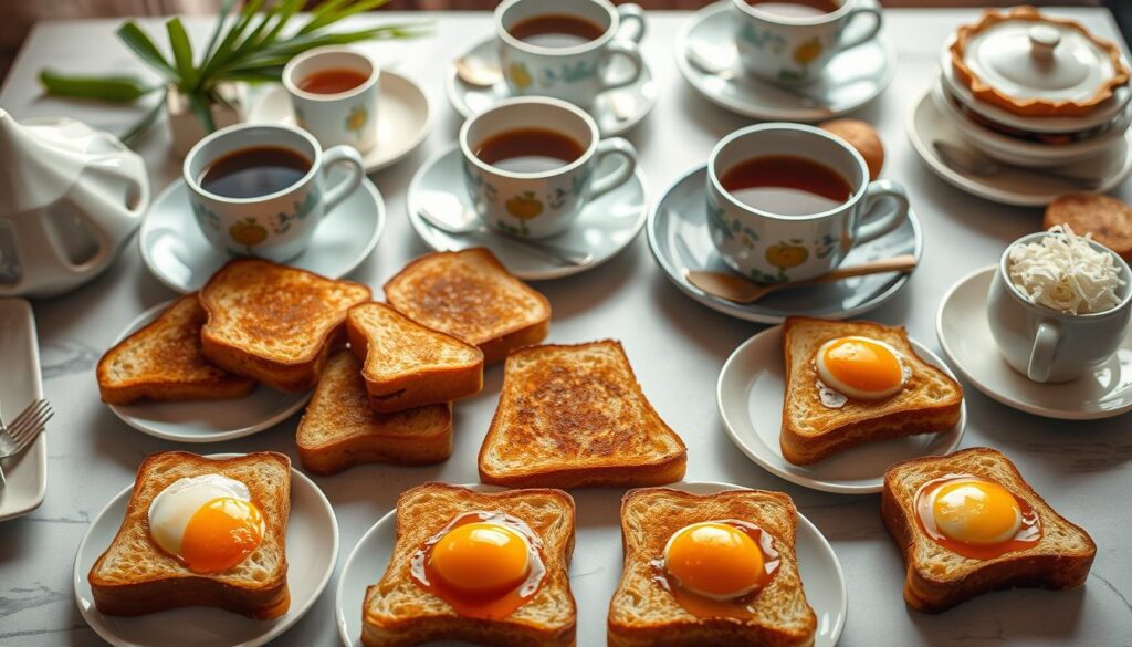 A neatly arranged tabletop showcasing the signature Kaya toast sets from Singapore's most renowned eateries. In the foreground, an array of golden-brown toast slices, each paired with a perfectly cooked half-boiled egg and a dollop of fragrant Kaya jam. The middle ground features an assortment of ceramic plates, cups, and saucers, each with its own unique design and character. The background is softly lit, highlighting the vibrant colors and textures of the various accompaniments, such as freshly brewed kopi, aromatic pandan leaves, and a sprinkle of crisp coconut shavings. The overall composition evokes a sense of culinary tradition, attention to detail, and the quintessential Singaporean breakfast experience.