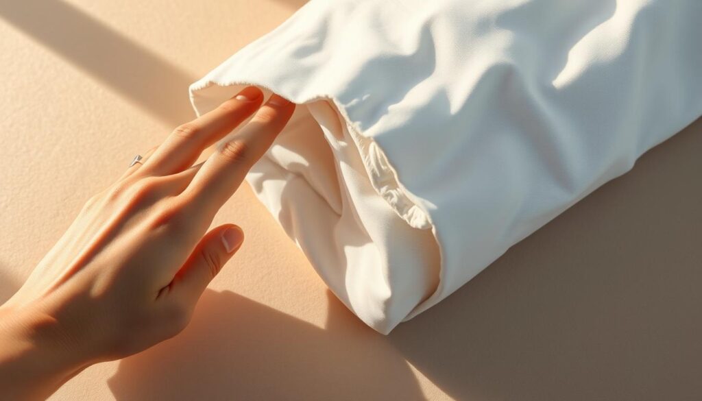 A neatly folded, pristine garment rests on a soft, beige background. The fabric's intricate weave and impeccable stitching capture the essence of meticulous care. Warm, directional lighting casts subtle shadows, highlighting the garment's flawless lines and precise detailing. In the foreground, a delicate hand gently caresses the surface, conveying a sense of reverence and attention to detail. The overall composition radiates a feeling of quality, craftsmanship, and the dedicated effort put into ensuring the garment's exceptional condition.