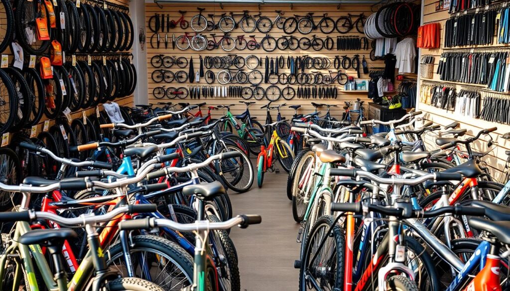 A neatly organized bicycle shop, filled with a diverse array of budget-friendly models. The foreground showcases a range of commuter and leisure bikes, their frames gleaming under warm, natural lighting. In the middle ground, a selection of children's bicycles in vibrant colors catches the eye. The background reveals a wall of bike accessories and maintenance tools, hinting at the shop's commitment to providing a one-stop solution for all cycling needs. The overall scene conveys a sense of approachability and value, inviting customers to explore the affordable yet quality options available.