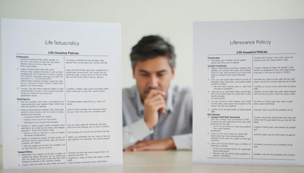 A neatly organized comparison of life insurance policies, showcasing their key features in a clean, minimalist style. The foreground displays the policy documents side-by-side, their details legible yet uncluttered. The middle ground features a thoughtful, pensive person contemplating the options, their expression reflecting the gravity of the decision. The background is softly blurred, creating a sense of focus and clarity. The lighting is soft and even, illuminating the documents and the person's face. The overall mood is one of careful consideration, guiding the viewer towards making the right choice for their needs. A neatly organized comparison of life insurance policies, showcasing their key features in a clean, minimalist style. The foreground displays the policy documents side-by-side, their details legible yet uncluttered. The middle ground features a thoughtful, pensive person contemplating the options, their expression reflecting the gravity of the decision. The background is softly blurred, creating a sense of focus and clarity. The lighting is soft and even, illuminating the documents and the person's face. The overall mood is one of careful consideration, guiding the viewer towards making the right choice for their needs.