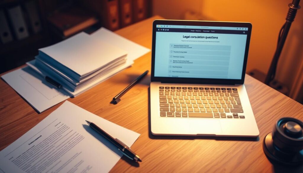A neatly organized desk with a stack of legal documents, a pen, and a laptop open to a web page displaying legal consultation questions. The lighting is warm and inviting, casting a soft glow over the scene. The camera angle is slightly elevated, giving a bird's-eye view of the setup. The atmosphere is one of focused professionalism, hinting at the importance of the legal consultation process. A neatly organized desk with a stack of legal documents, a pen, and a laptop open to a web page displaying legal consultation questions. The lighting is warm and inviting, casting a soft glow over the scene. The camera angle is slightly elevated, giving a bird's-eye view of the setup. The atmosphere is one of focused professionalism, hinting at the importance of the legal consultation process.