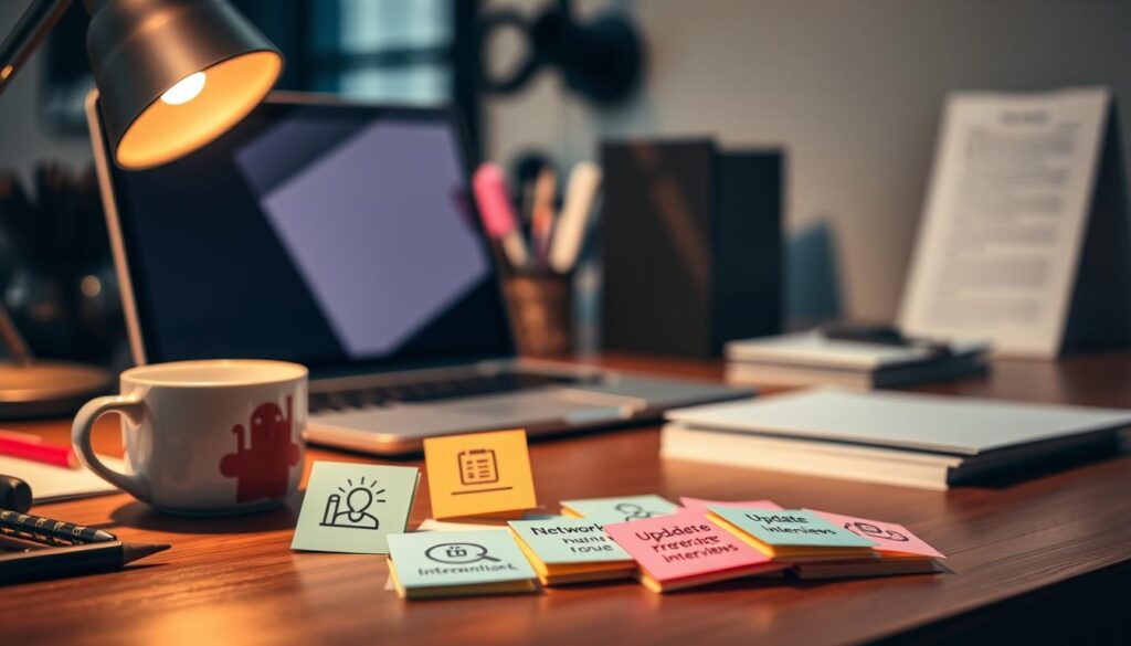 A neatly organized desktop with a laptop, stationery, and a cup of coffee, illuminated by warm lighting and shot from a slightly elevated angle, creating a focused and productive atmosphere. In the foreground, a carefully curated collection of icons and sticky notes suggesting various job search tips, such as networking, updating résumé, and preparing for interviews. The background blurred, conveying a sense of concentration and determination towards achieving job search success. A neatly organized desktop with a laptop, stationery, and a cup of coffee, illuminated by warm lighting and shot from a slightly elevated angle, creating a focused and productive atmosphere. In the foreground, a carefully curated collection of icons and sticky notes suggesting various job search tips, such as networking, updating résumé, and preparing for interviews. The background blurred, conveying a sense of concentration and determination towards achieving job search success.
