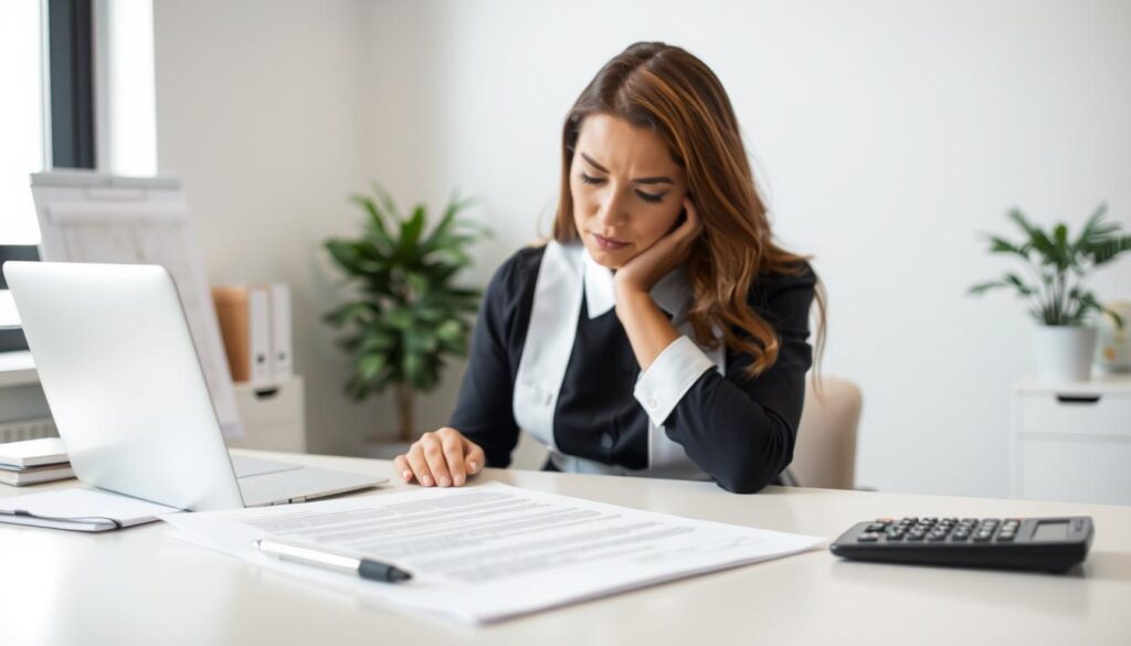 A neatly organized office desk with a contract document, a pen, and a calculator, set against a backdrop of a modern, well-lit interior. In the foreground, a woman in a professional maid uniform is carefully reviewing the document, her expression thoughtful as she considers the terms of renewing or cancelling her maid insurance policy. Soft, diffused lighting casts a warm, productive atmosphere, conveying the sense of an important financial decision being made with care and attention to detail.