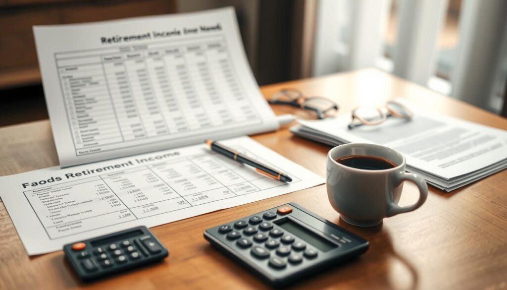 A neatly organized spreadsheet showing detailed calculations of retirement income needs, displayed on a wooden table with a thoughtful, contemplative atmosphere. The foreground features a calculator, a pen, and retirement planning documents, while the middle ground showcases a cup of coffee and a pair of reading glasses. The background is softly blurred, creating a warm and introspective setting, with gentle natural lighting casting a soft glow on the scene.