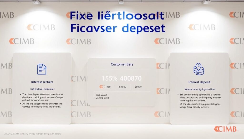 A neatly organized visual representation of CIMB's fixed deposit customer tiers, showcasing the different interest rates and benefits. Rendered in a clean, professional style with a soft, neutral color palette. The foreground depicts three distinct customer tiers, each with its own icon and key details. The middle ground features a central table or infographic presenting the corresponding interest rates. The background subtly highlights CIMB's branding elements, creating a cohesive and visually appealing composition. Lighting is gentle and balanced, with a focus on clarity and legibility. The overall mood is one of informative simplicity, reflecting the practical nature of the content.