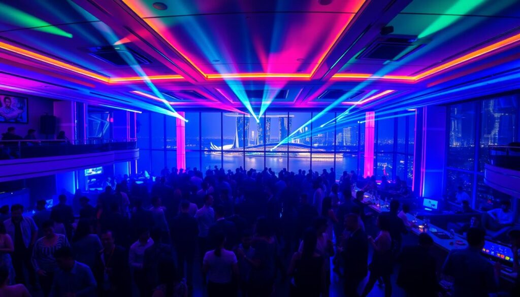 A neon-lit nightclub scene in Marina Bay, Singapore. The interior is bathed in vibrant blues, pinks, and purples, creating a pulsing, energetic atmosphere. In the foreground, a packed dance floor with revelers moving to the beat of the music, their silhouettes cast against the colorful lighting. The middle ground features plush VIP seating areas, where well-dressed patrons sip cocktails and enjoy the lively ambiance. In the background, floor-to-ceiling windows offer a panoramic view of the iconic Marina Bay Sands and the city skyline beyond, lending an air of exclusivity and sophistication. The scene is captured with a wide-angle lens, conveying the grand scale and energy of this premier nightlife destination.