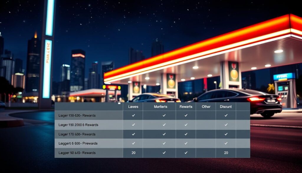A neon-lit petrol station at night, with a sleek and modern aesthetic. In the foreground, a comparison table displays the key features of the top credit cards for petrol purchases in Singapore, showcasing their rewards, discounts, and other benefits. The table is backlit, creating a warm and inviting glow. In the middle ground, cars are refueling at the pumps, their headlights illuminating the scene. The background features the station's signage and branding, set against a cityscape of skyscrapers and a starry night sky. The lighting is dramatic, with a mix of cool and warm tones, creating a sense of sophistication and attention to detail.