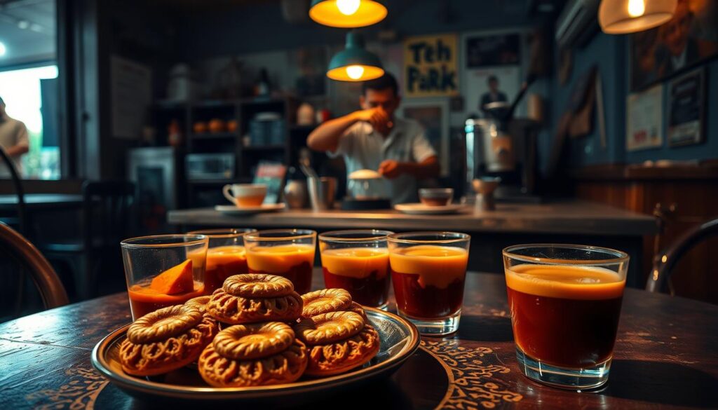 A nostalgic cafe setting, dim lighting casting a warm glow over a table adorned with vintage teh tarik glasses, their contents swirling with bold, rich hues. In the foreground, a plate of traditional Malay kuih showcases local flavors, their intricate designs hinting at the care and craftsmanship of the past. The middle ground reveals a worn, weathered countertop, where a skilled barista carefully prepares the iconic teh tarik, the frothy, golden liquid a testament to a time-honored tradition. In the background, glimpses of old-school decor and faded posters evoke a sense of timelessness, transporting the viewer to a bygone era of Singapore's vibrant, local coffee culture.