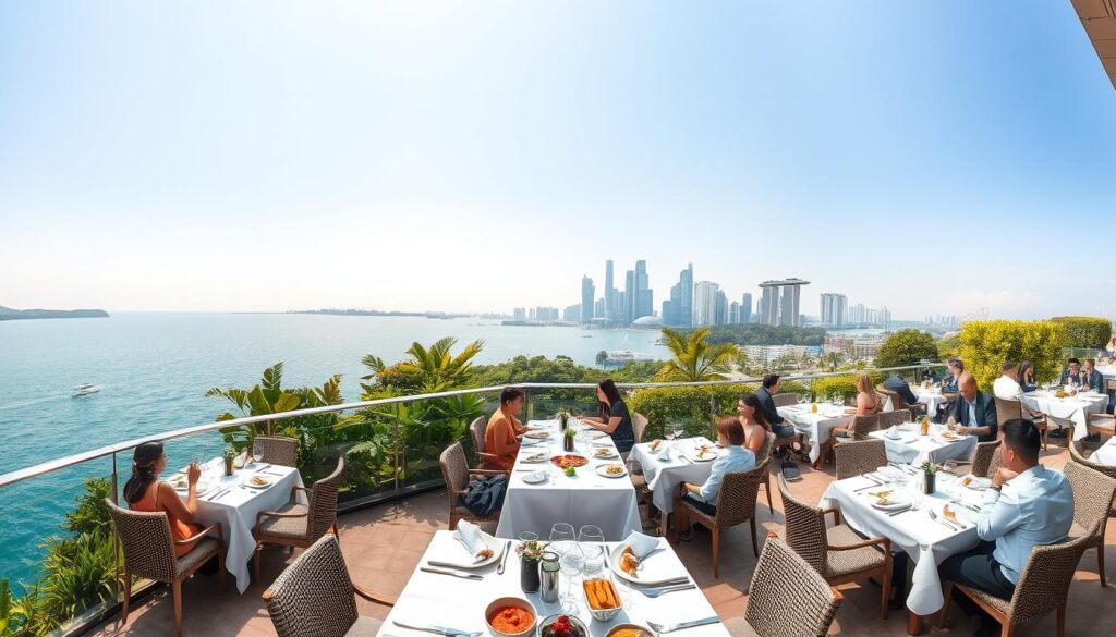 A panoramic ocean view frames the scene, with the sparkling azure waters of Sentosa Cove in the foreground. In the middle ground, an elegant outdoor dining terrace is set with crisp white tablecloths and polished cutlery, surrounded by lush tropical foliage. In the background, the iconic Singapore skyline with its towering skyscrapers sits hazy in the distance, bathed in warm golden light. The atmosphere is one of relaxed sophistication, with well-dressed diners savoring a lavish Sunday brunch spread featuring an array of international gourmet delicacies. The image is captured with a wide-angle lens, highlighting the serene and picturesque setting.