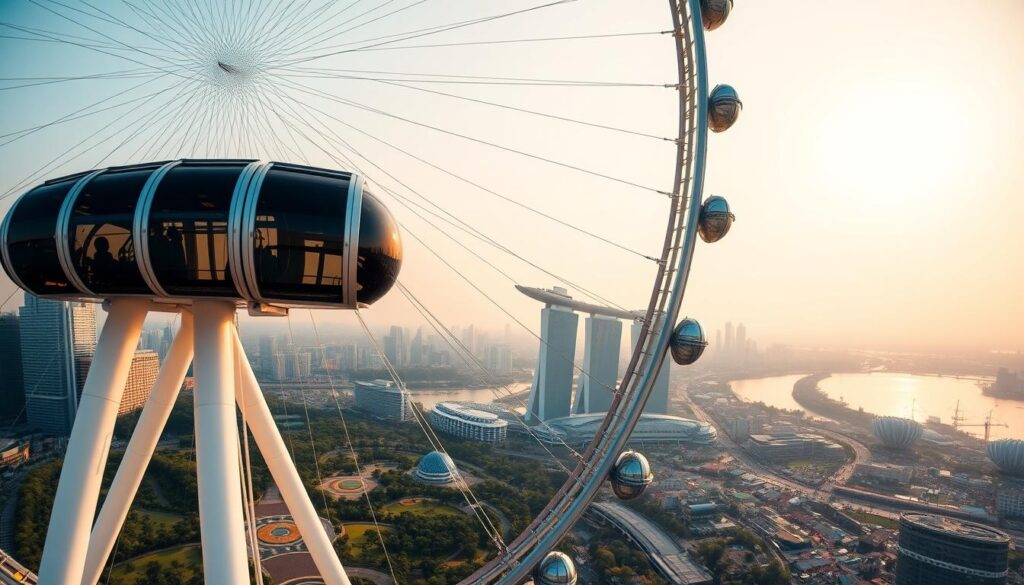 A panoramic view of the iconic Singapore Flyer ferris wheel, its massive glass capsules gliding against a vibrant, bustling cityscape. In the foreground, the wheel's sleek, modern structure stands tall, its spokes and supports casting long, dramatic shadows under the warm, golden hour sunlight. The middle ground reveals the surrounding gardens and skyline, with the towering Marina Bay Sands complex and other high-rise buildings creating a striking architectural contrast. In the background, the Singapore River winds through the city, its waters reflecting the warm, hazy tones of the sky. The overall scene conveys a sense of grand scale, showcasing the stunning panoramic views visitors can experience from atop the Singapore Flyer.