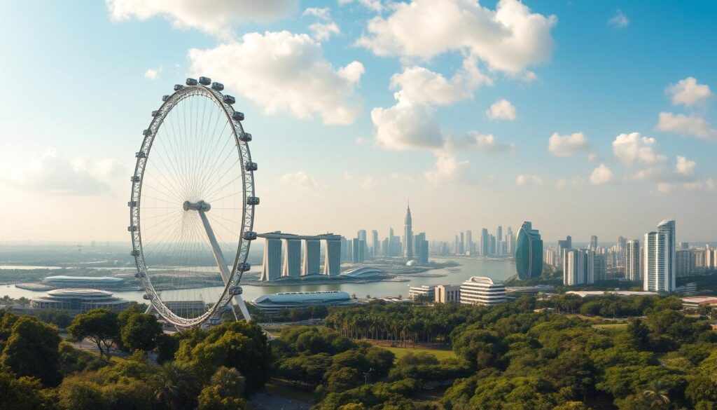 A panoramic vista of the iconic Singapore Flyer, Asia's largest observation wheel, bathed in warm afternoon sunlight. The towering structure dominates the foreground, its sleek, modern design casting dramatic shadows across the lush, verdant gardens below. In the middle ground, the bustling Marina Bay skyline rises up, a mix of gleaming high-rises and historic landmarks. The background is filled with a hazy, azure sky, peppered with fluffy white clouds that cast a soft, diffused glow over the entire scene. The perspective is slightly elevated, providing an unobstructed, breathtaking view of this remarkable engineering feat and the vibrant cityscape it overlooks.