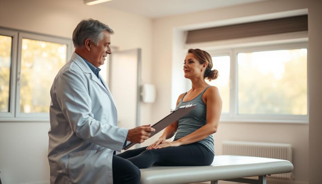 A patient seated on an examination table, undergoing a comprehensive assessment by a physiotherapist. The physiotherapist, in a white coat, examines the patient's posture, range of motion, and muscle strength with clinical precision. The room is well-lit, with warm, natural lighting filtering through large windows, creating a calming and professional atmosphere. The physiotherapist's expression is one of focused attention, as they carefully document their findings on a clipboard. The patient's face conveys a sense of trust and cooperation, as they participate actively in the assessment process.