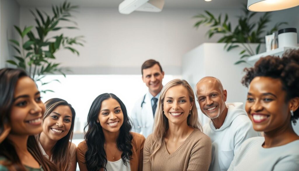 A peaceful, well-lit clinic setting with a soothing, natural ambiance. In the foreground, a group of diverse patients, their faces lit with genuine smiles, sharing their positive experiences and skin transformation stories. The middle ground features a professional dermatologist, their warm, approachable demeanor conveying a sense of trust and expertise. In the background, subtle details like skin care products and medical equipment suggest a state-of-the-art facility committed to personalized, high-quality care. The overall mood is one of comfort, confidence, and a shared sense of satisfaction with the exceptional dermatological services provided.
