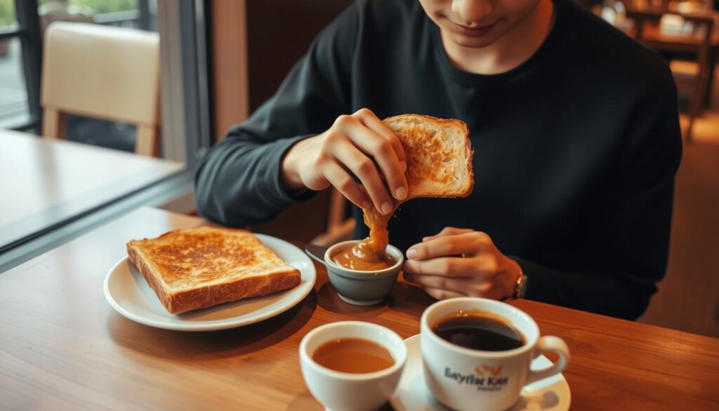 A person enjoying a classic Singaporean kaya toast set, seated at a wooden table in a cozy cafe. The table is adorned with a plate of golden-brown toast, a small bowl of kaya (coconut jam), and a cup of fragrant coffee. The individual dips the toast into the kaya, exhibiting the proper technique - gently submerging it to soak up the sweet, rich flavor. Warm, soft lighting casts a comforting glow, and the cafe's atmosphere is relaxed and welcoming. The scene captures the quintessential Singaporean experience of savoring a beloved local delicacy with care and appreciation.