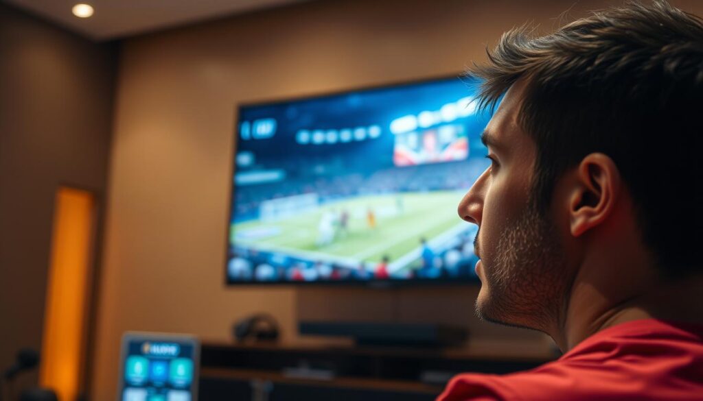 A person intently watching a sports event on a high-definition television, with dynamic motion and blur effects conveying the intensity of the action. The television screen displays a vivid, immersive sports scene, with players in sharp focus and the crowd in the background. Soft, warm lighting illuminates the viewer's face, creating a sense of engagement and excitement. The camera angle captures the viewer's concentration, with a shallow depth of field that emphasizes the television as the focal point. The overall atmosphere is one of captivation, as the viewer is fully absorbed in the live sports broadcast. A person intently watching a sports event on a high-definition television, with dynamic motion and blur effects conveying the intensity of the action. The television screen displays a vivid, immersive sports scene, with players in sharp focus and the crowd in the background. Soft, warm lighting illuminates the viewer's face, creating a sense of engagement and excitement. The camera angle captures the viewer's concentration, with a shallow depth of field that emphasizes the television as the focal point. The overall atmosphere is one of captivation, as the viewer is fully absorbed in the live sports broadcast.