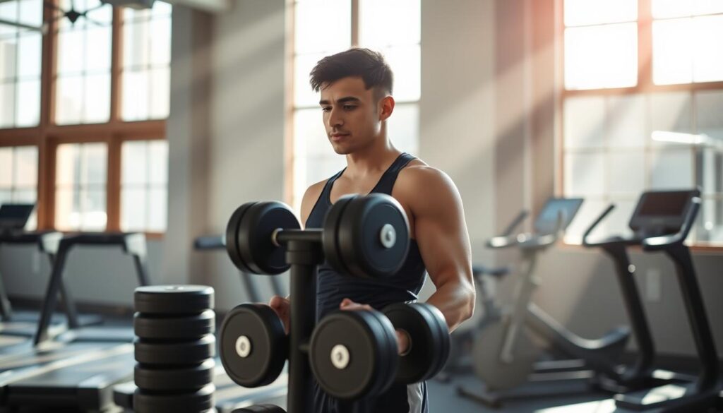 A person standing in a well-lit fitness studio, clad in athletic wear, gazing determinedly at a stack of free weights. Rays of natural light stream in through large windows, casting a warm, motivating glow. In the background, exercise equipment such as treadmills and stationary bikes are neatly arranged, hinting at the journey ahead. The overall atmosphere radiates a sense of anticipation and excitement, capturing the spirit of embarking on a new fitness regimen with the guidance of a skilled personal trainer. A person standing in a well-lit fitness studio, clad in athletic wear, gazing determinedly at a stack of free weights. Rays of natural light stream in through large windows, casting a warm, motivating glow. In the background, exercise equipment such as treadmills and stationary bikes are neatly arranged, hinting at the journey ahead. The overall atmosphere radiates a sense of anticipation and excitement, capturing the spirit of embarking on a new fitness regimen with the guidance of a skilled personal trainer.